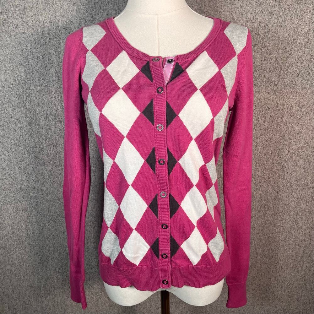 VTG Y2K Back to School Preppy Argyle Girly Pink Button Cardigan Sweater Sz S